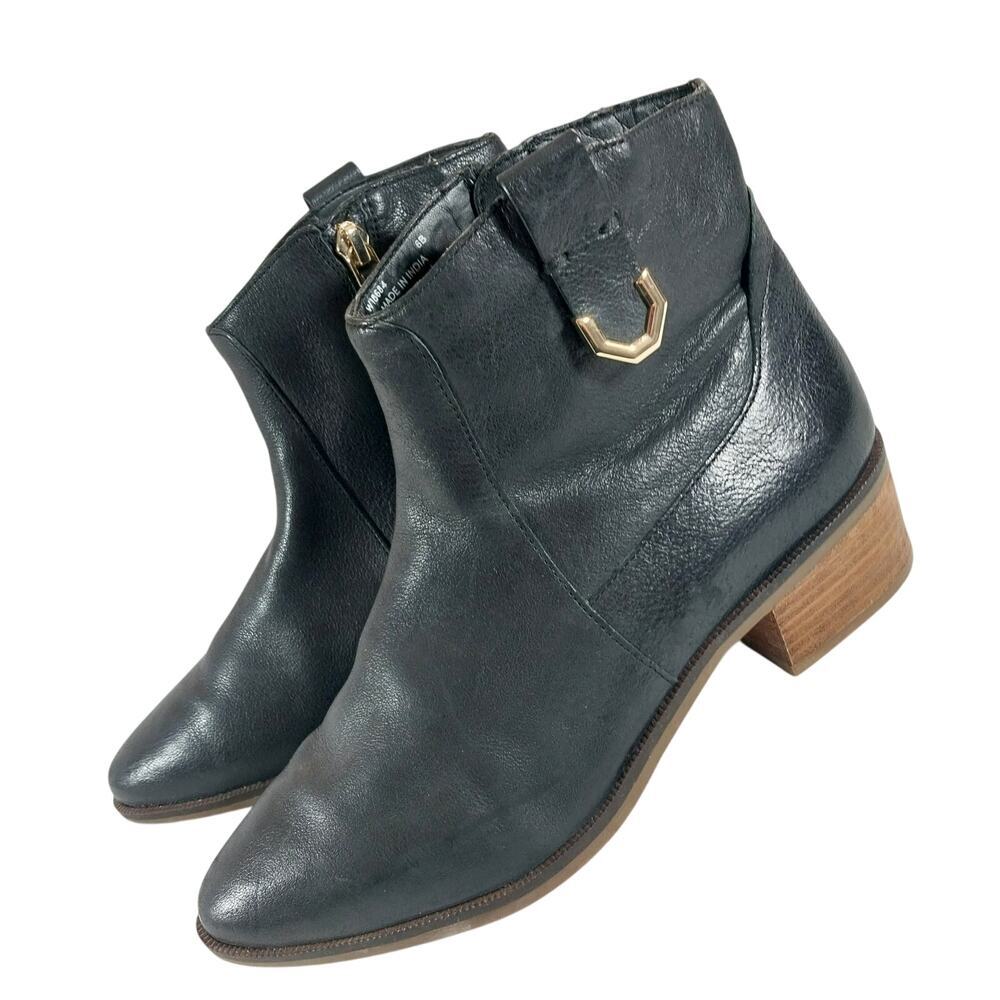 COLE HAAN! BLACK GENUINE LEATHER POINTY TOE, CHUNKY HEEL ANKLE BOOTS! SZ 6B